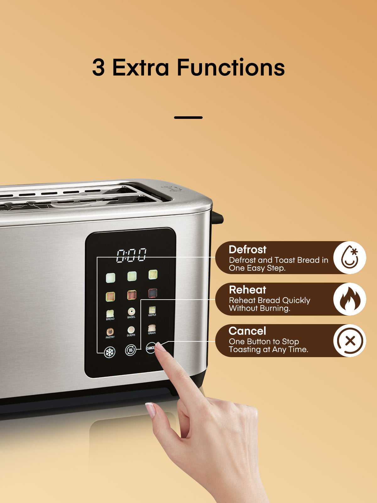 4-Scheiben-Toaster mit Touchscreen-Steuerung, lange extra breite Schlitze, intelligenter Brotröster, 6 Brotsorten und 6 Bräunungsstufen, Edelstahl-Toaster, mit herausnehmbarem Tablett, Stopp-/Auftau-/Aufwärmfunktionen, Silber