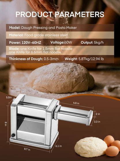 Elektrische Nudelmaschine, Nudelmaschine mit einstellbarer Dicke für Spaghetti, Fettuccine, Lasagne & Teigtaschen | 7-stufig anpassbar, lebensmittelechter Edelstahl, leicht zu reinigen