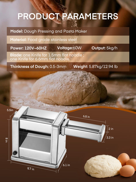Electric Pasta Maker Machine, Adjustable Thickness Noodle Maker for Spaghetti, Fettuccine, Lasagna & Dumpling Skins | 7-Level Customization, Food-Grade Stainless Steel, Easy Clean
