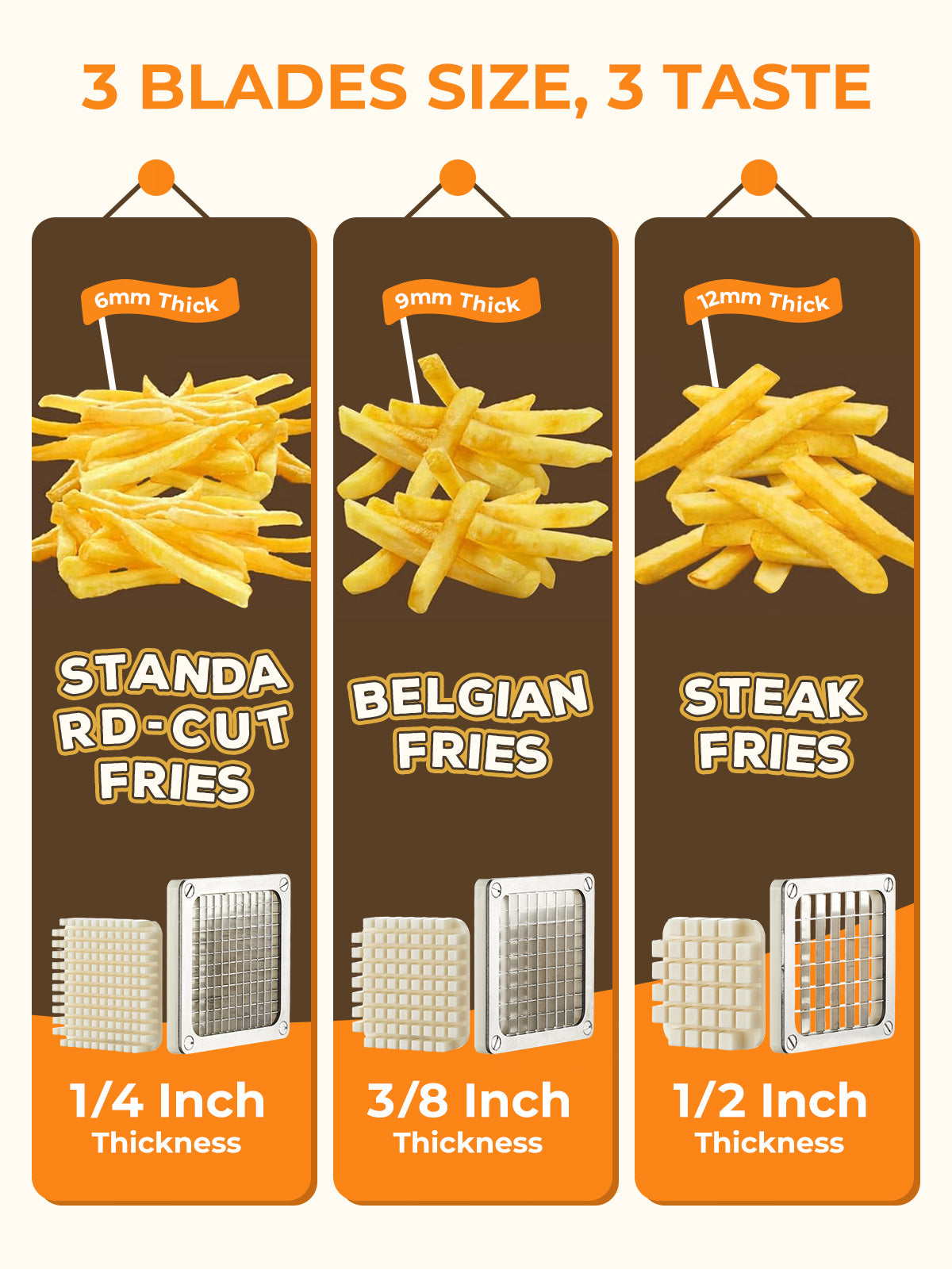FOHERE French Fry Cutter for Potatoes, Stainless Steel Potato Cutter with 1/2 inch, 3/8 inch and 1/4 inch Blades, Perfect for Carrot, Yam, Cucumbers