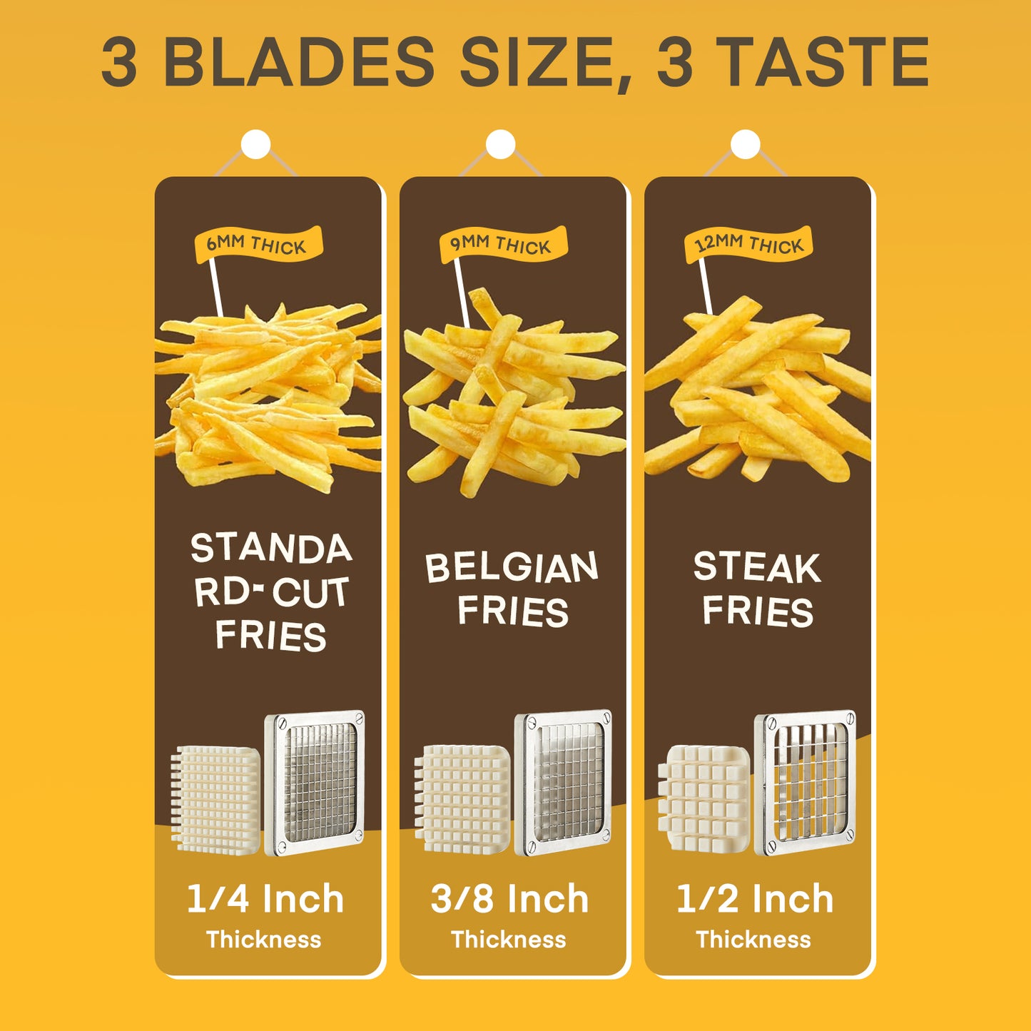 FOHERE Pommes-Frites-Schneider für Kartoffeln, Edelstahl-Kartoffelschneider mit 1/2 Zoll, 3/8 Zoll und 1/4 Zoll Klingen, perfekt für Süßkartoffeln, Karotten, Yamswurzeln, Gurken