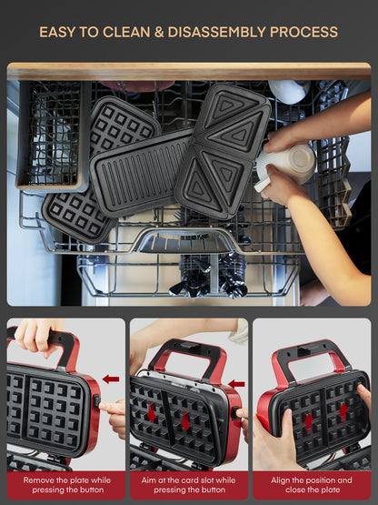 FOHERE Waffeleisen 3 in 1 Sandwichmaker 1200W Panini-Presse mit abnehmbaren Platten und 5-Stufen-Temperaturregelung, antihaftbeschichtet, leicht zu reinigen, Kontrollleuchten, Rot