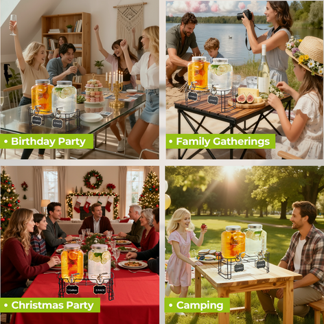 Beverage Dispenser, 2 Pack 1 Gallon Drink Dispensers for Parties, with Leakproof Stainless Steel Spigot, Stand, Infuser, for Christmas, BBQ, Picnic, Lemonade, Cocktails
