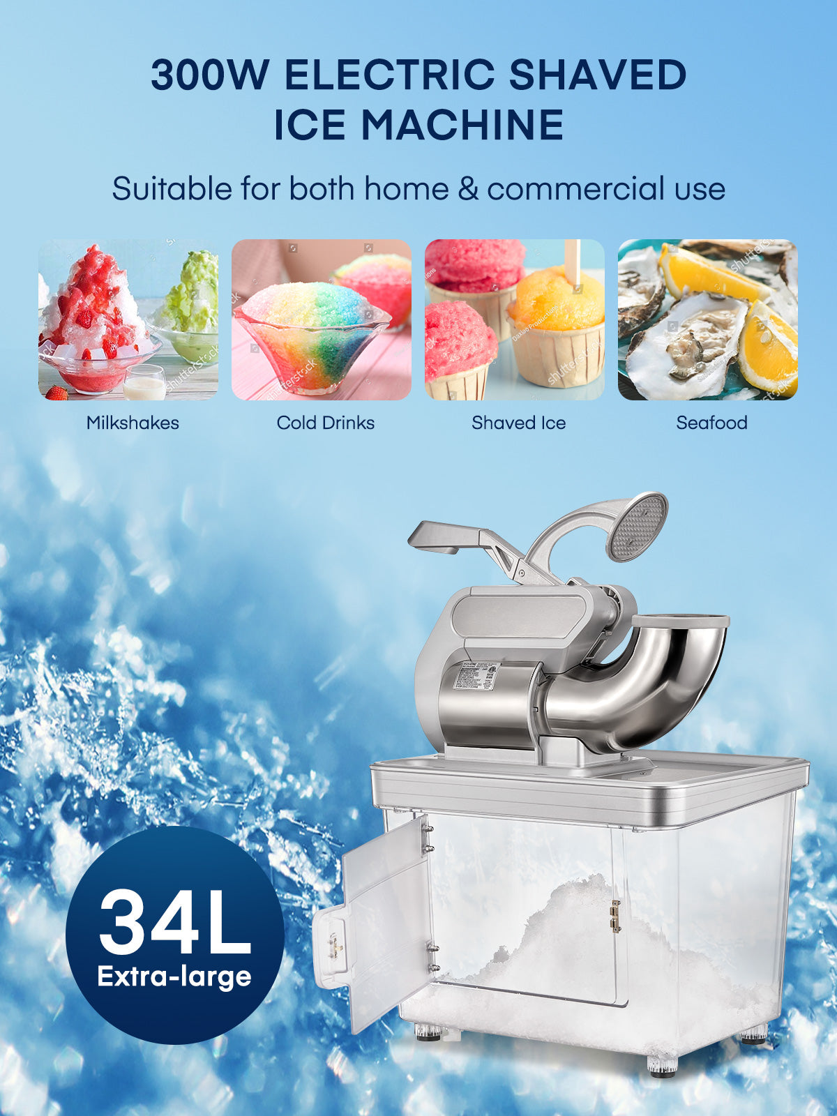 FOHERE 34L Snow Cone Machine, 665LBS/H Commercial Ice Crusher Shaved Ice Machine, 300W Electric Ice Shaver Suitable for Party Activities, Family Gatherings, Events
