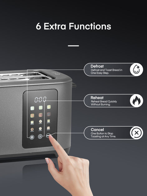 4 Slice Smart Toaster, LCD and Touchscreen, 6 Bread Types & Shade Settings, Retractable Warming Rack, Cancel/Defrost/Reheat Functions, 1400W