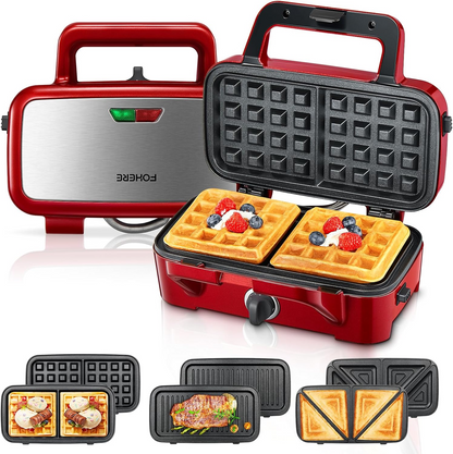 FOHERE Waffeleisen 3 in 1 Sandwichmaker 1200W Panini-Presse mit abnehmbaren Platten und 5-Stufen-Temperaturregelung, antihaftbeschichtet, leicht zu reinigen, Kontrollleuchten, Rot