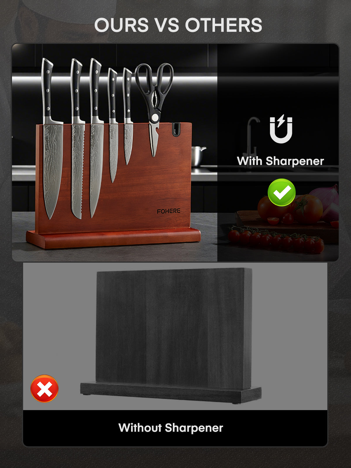 FOHERE Küchenmesser-Set, 7-teiliges Messer-Set mit Magnetischem Messerhalter und Messerschärfer, Scharfes Kochmesser-Set mit Ergonomischem Griff, Hochkohlenstoff-Edelstahlmesser-Set für die Küche