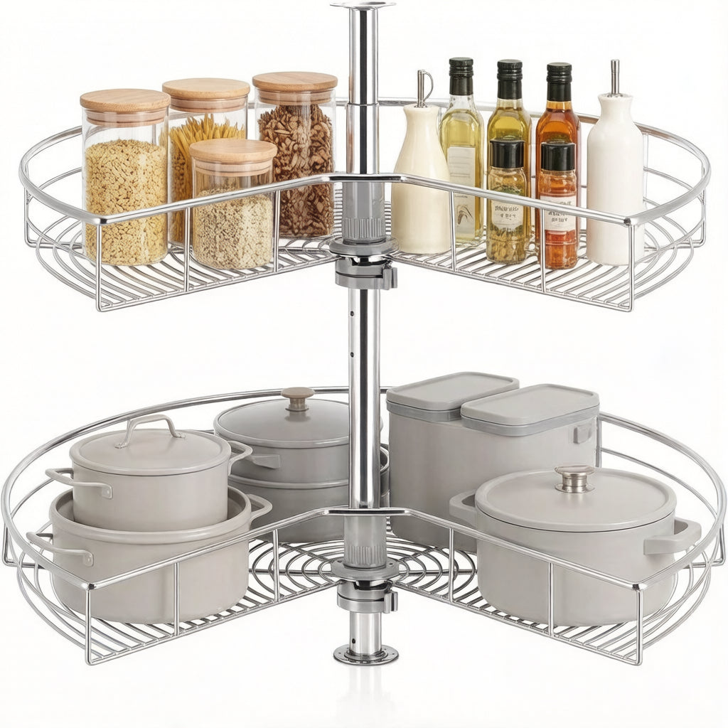 32" Nieren-Eckschrankorganizer mit Lazy Susan, 2-stufig verstellbare Regale aus verchromtem Stahl, 270° drehbares Tablett