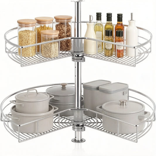28" Kidney Lazy Susan for Corner Cabinet, 2-Tier Adjustable Height Chrome Steel Shelves, 270° Rotating