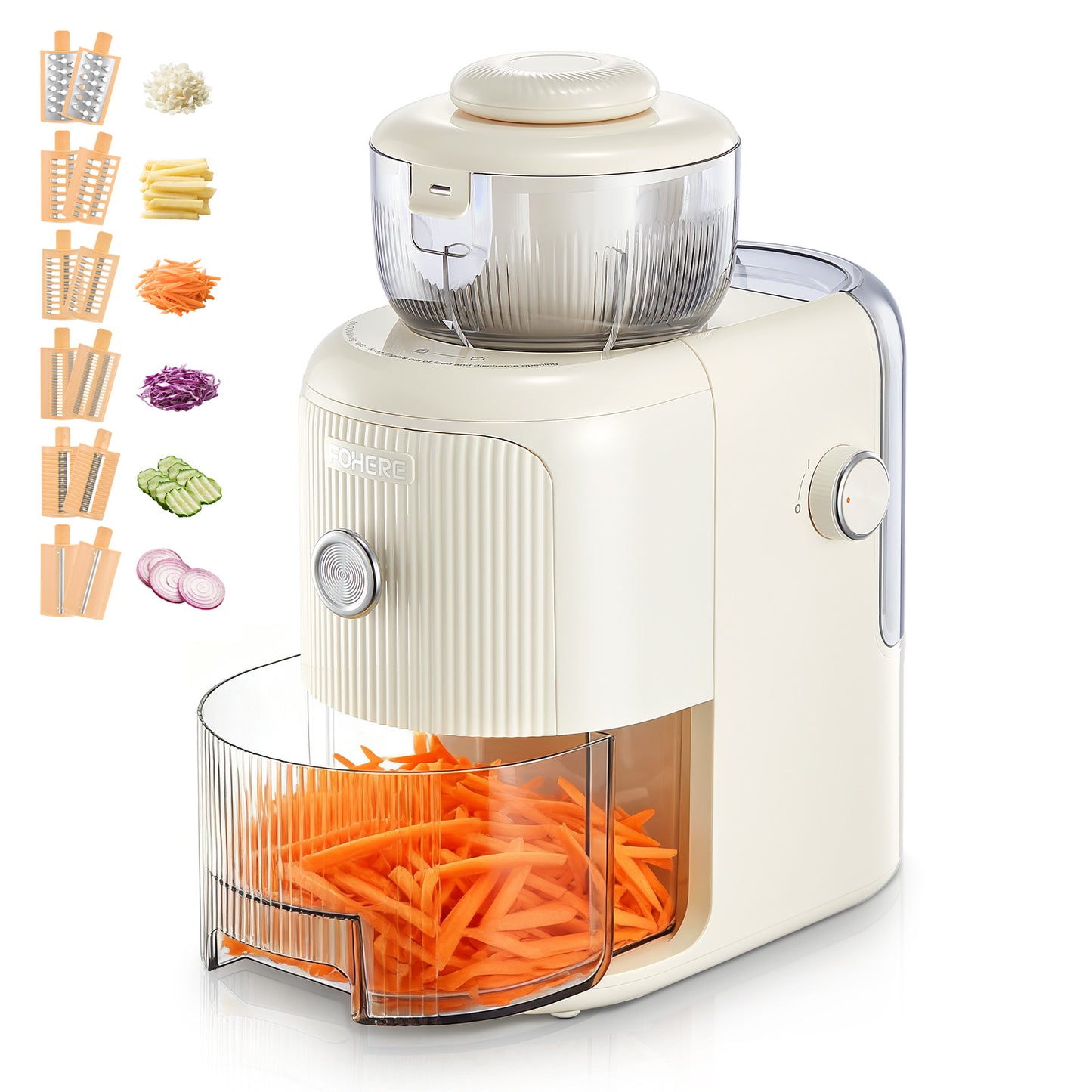 FOHERE 6-in-1 Elektrische Käsereibe, elektrischer Käseschneider mit 6 Edelstahlklingen, Salatzubereiter mit Ein-Knopf-Steuerung für Käse, Gemüse und Obst