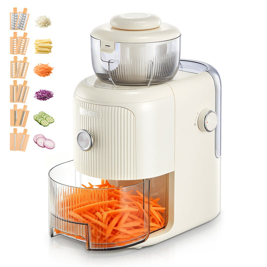 FOHERE 6-in-1 Elektrische Käsereibe, elektrischer Käseschneider mit 6 Edelstahlklingen, Salatzubereiter mit Ein-Knopf-Steuerung für Käse, Gemüse und Obst