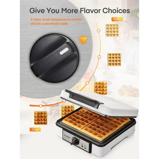1200W Waffeleisen, 4-Scheiben-Waffeleisen, antihaftbeschichtet, Bräunungsgradregelung, Weiß