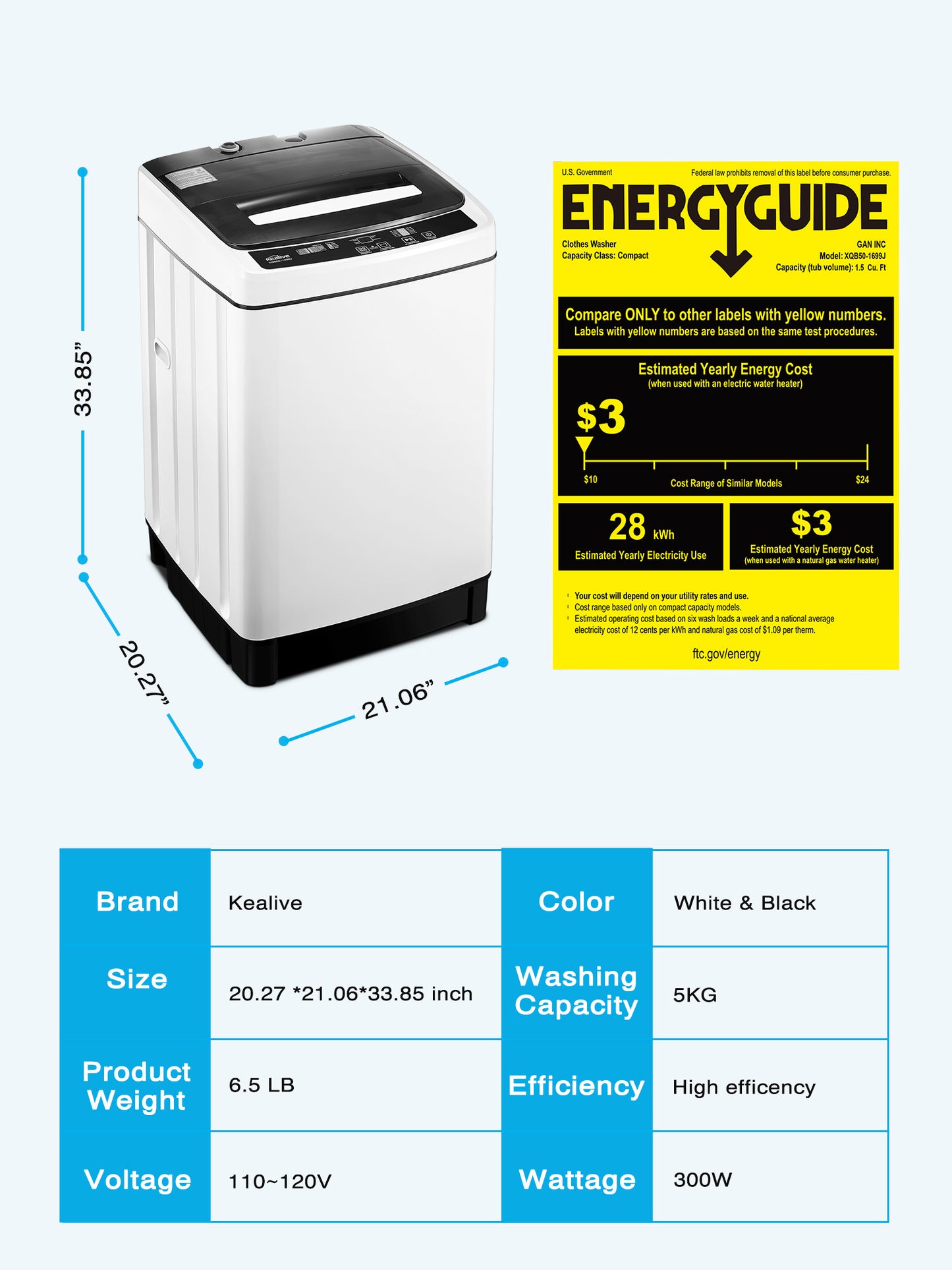 FOHERE Vollautomatische Waschmaschine, 1,5 Kubikfuß 5 kg Fassungsvermögen tragbare Maschine, 8 Programme 10 Wasserstände energiesparender Toplader für Wohnung und Wohnheim
