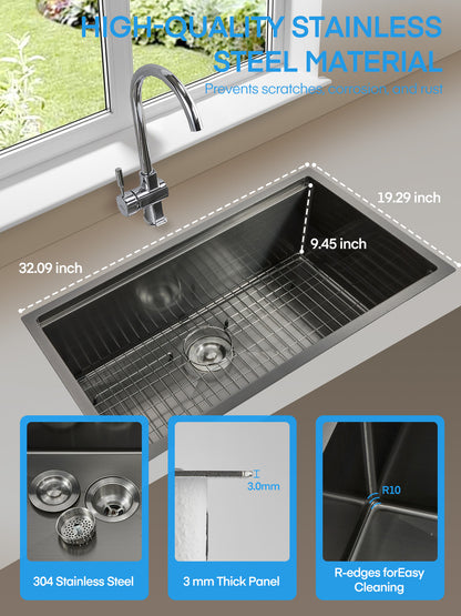 32-Zoll-Edelstahl-Einbauküchenspüle, Fohere Küchenspüle, Multifunktionales Spülbecken-Set mit tiefem Einzelwaschbecken