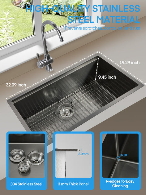 32 Inch Stainless Steel Drop In Kitchen Sink, Fohere Kitchen Utility Sink, Multifunctional Workstation Deep Single Bowl Set