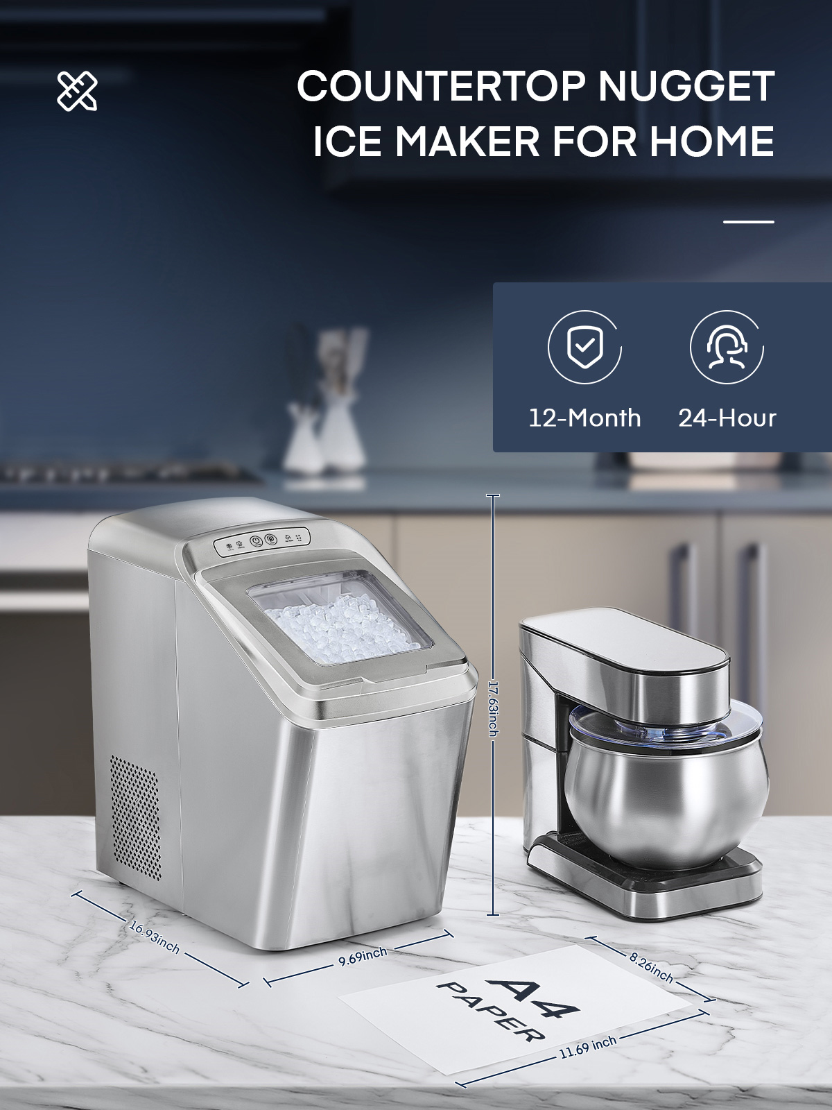 FOHERE Nugget Ice Maker Countertop, 30Lbs Pebble Pellet Ice per Day, Self-Clean, Stainless Steel, White
