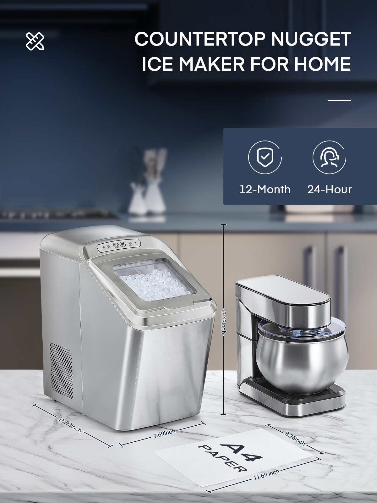 FOHERE Nugget-Eismaschine für die Arbeitsplatte, 30Lbs Pebble-Pellet-Eis pro Tag, Selbstreinigungsfunktion, Edelstahl, Weiß