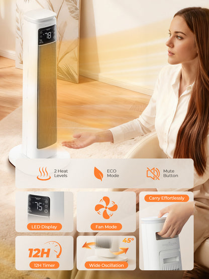 FOHERE 24" Heizlüfter für große Räume, Elektrische Heizgeräte für den Innenbereich mit Thermostat und Fernbedienung, 70° Oszillation, 12 Std. Timer, Überhitzungs- und Kippschutz, Lüfterfunktion für Zuhause, Schlafzimmer, Büro