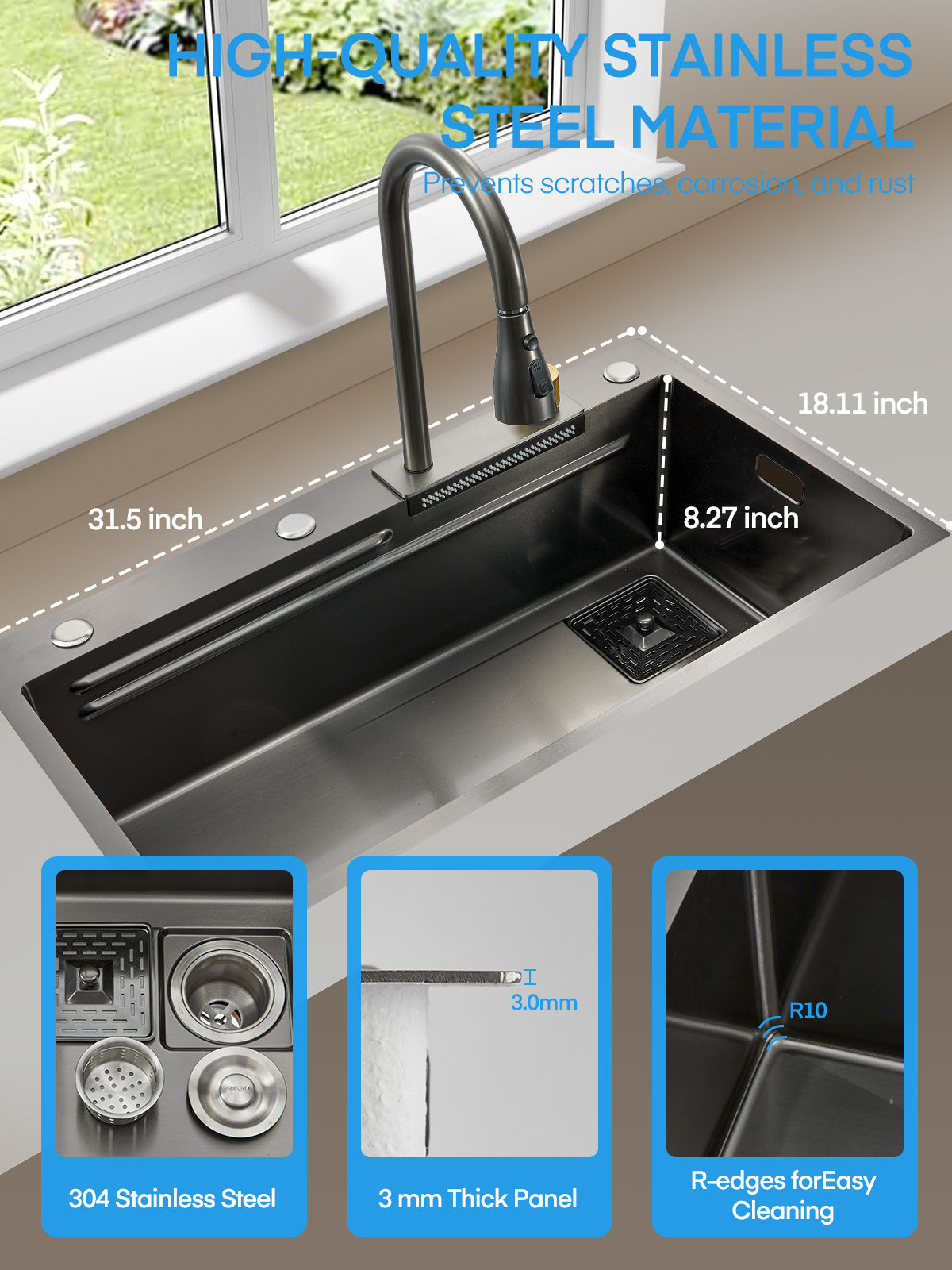 31,5-Zoll-Wasserfall-Küchenspüle in Arbeitsplatte Fohere 31,5 x 18,1 Zoll Einbau-Wasserfall-Edelstahl-Einzelspülbecken