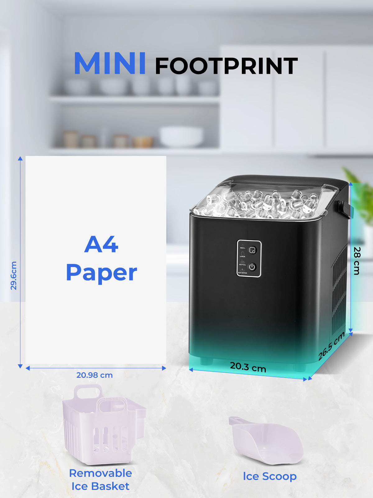 Ice Maker Machine Countertop 30lbs in 24H, 2 Sizes, Comfort Handle, Seflclean, Bullet Shaped Ice for Home Kitchen Office Bar, FOHERE