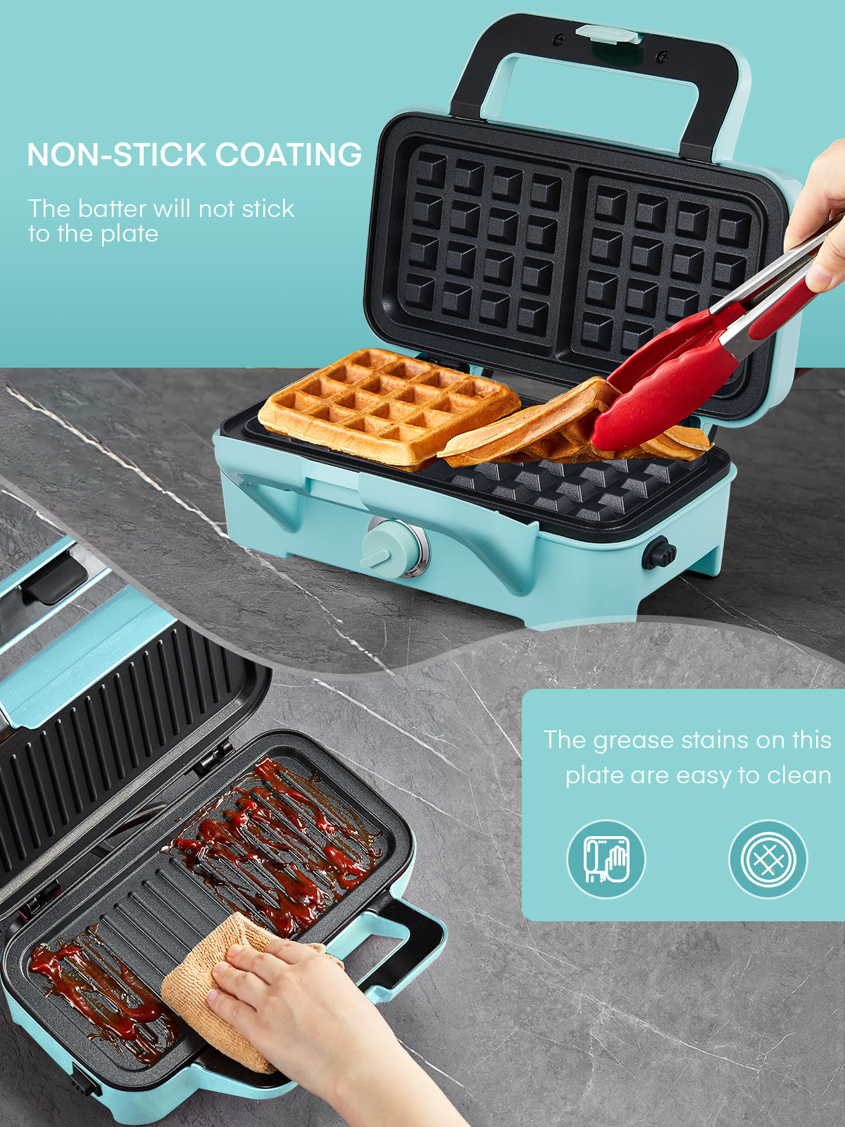 3-IN-1 Sandwichmaker mit antihaftbeschichteten Platten, Kontrollleuchten, Cool-Touch-Griff, perfekt für die Zubereitung von Frühstück, gegrilltem Käse, Blau