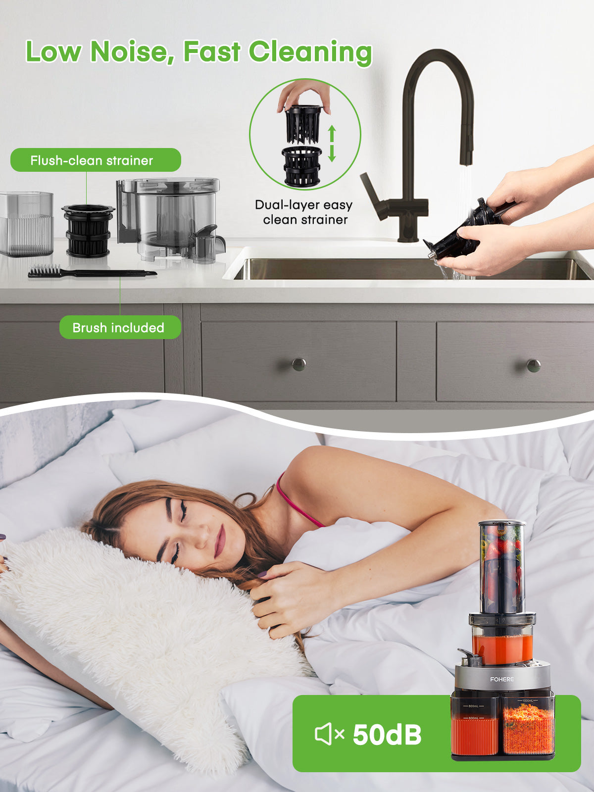 Juicer Machines Vegetable and Fruit, Fohere Cold Press Juicer Extractor Fit Whole Fruits & Vegetables with 4.72" Wide Mouth Easy to Clean, Slow Masticating Juicer with Quiet Motor, Reverse Function