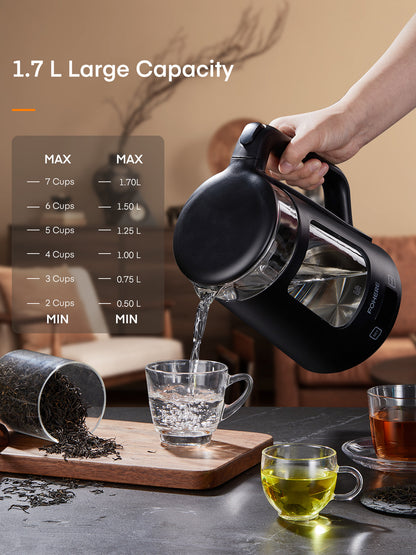 Wasserkocher mit Temperaturregelung, 5 voreingestellten LED-Farben, 1500W Schnellkochfunktion, 1.7L Glasteekessel & Heißwasserspender, Warmhaltefunktion, 100% BPA-frei, Edelstahlboden, Schwarz