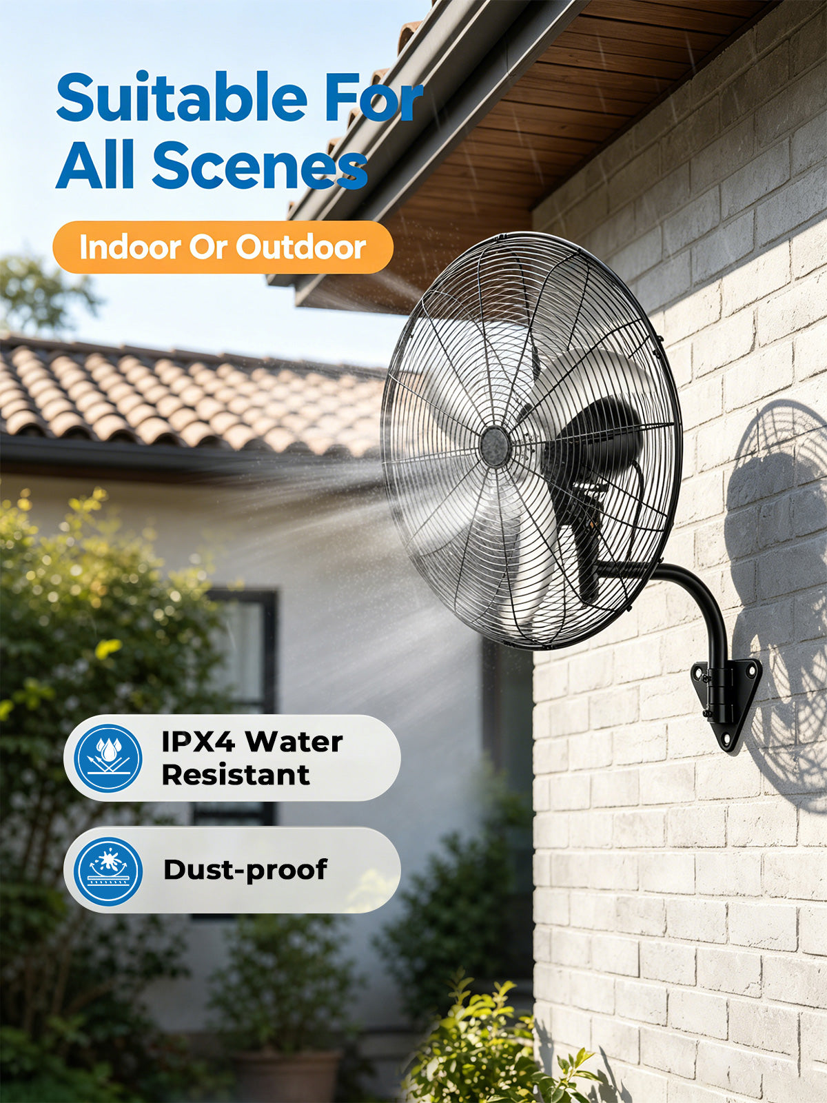 24 Inch Wall Mount Fan with Oscillation, 3-speed, IPX4 Waterproof, High-speed Industrial Wall Fan, Suitable for Garages, Homes, Warehouses Use. FOHERE