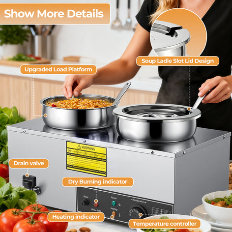 FOHERE 15QT Commercial Soup Warmer, Electric Food Warmer with Digital Temperature Control (86-185°F), Anti-Dry Burn and Reset Button, 1200W Stainless Steel Bain Marie Pot for Restaurant, Buffet
