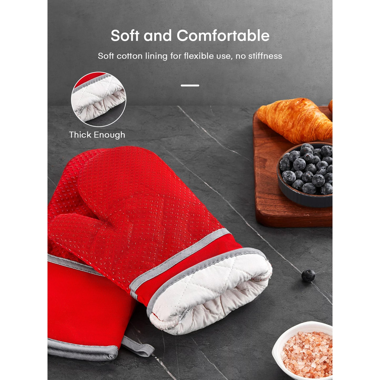 Oven Mitts, Heat Resistant Kitchen Oven Gloves 572°F, Non-Slip Silicone Surface, Extra Long Flexible Thick Mitts for Kitchen , Cooking , Baking , BBQ , Red