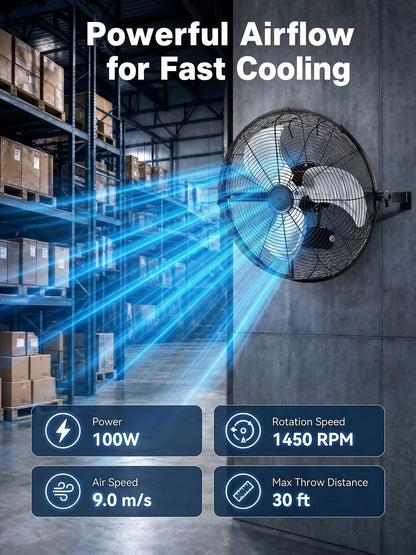 18 Inch Wall Mount Fan, 3-Speed, 360° Tilting Head, Maximum Airflow 4200 CFM, Suitable for Industrial, Commercial, and Residential Use, Black, FOHERE