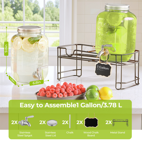 Beverage Dispenser, 2 Pack 1 Gallon Drink Dispensers for Parties, with Leakproof Stainless Steel Spigot, Stand, Infuser, for Christmas, BBQ, Picnic, Lemonade, Cocktails