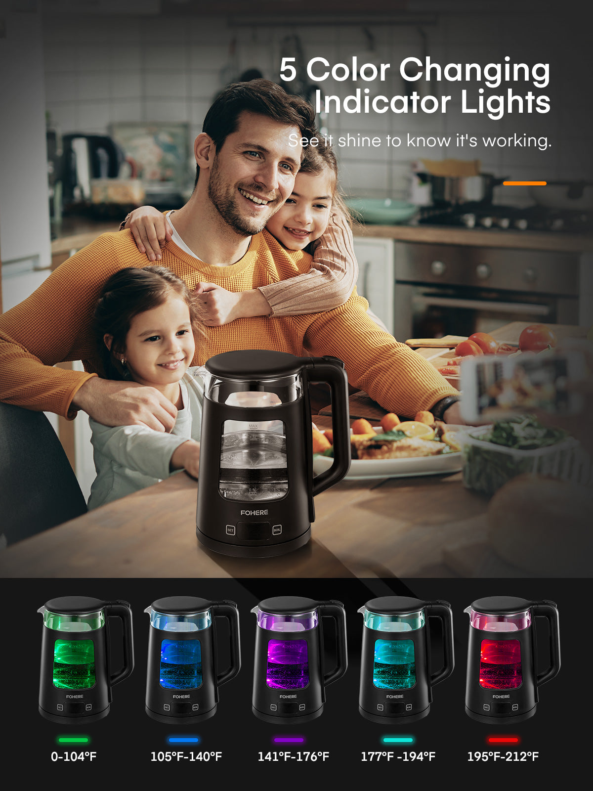 Electric Kettle, 1.7L Tea Kettle, FOHERE Wide Opening Glass Kettle, 1500W Fast Boil, 5 Temperature Control, Auto Shut-Off & Boil-Dry Protection, with 5 Colored Lights, BPA-Free, Easy to Clean, Black