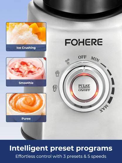 FOHERE Küchenmixer, 1,5-Liter-Profi-Standmixer aus Glas für Smoothies und Shakes mit 1 Tritan-Becher, 5 Geschwindigkeiten, 3 voreingestellten Programmen, 1300W Spitzenleistung