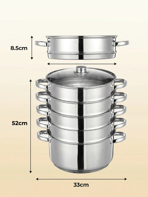 5-Tier Stainless Steel Steamer Pot, 8.5QT Multi-Function Stock Pot with Tempered Glass Lid, Stackable, Compatible with Induction Gas Stove, FOHERE