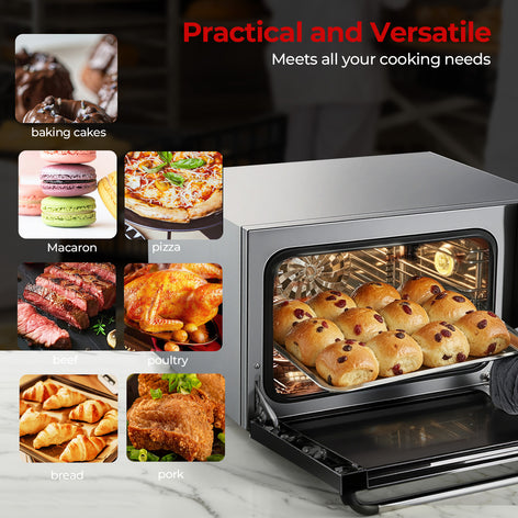50QT Quarter-Size Convection Oven, 2400W Commercial Toaster oven with 2 Baking Trays,3 set of Wire Racks,120 Minutes Timer and Interior Light, for Restaurants, Cafes & Food Industry