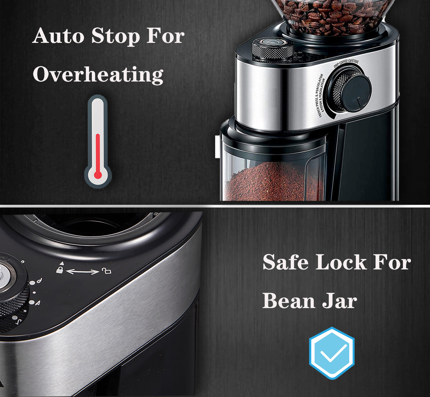 Elektrische Kaffeemühle mit 18 präzisen Mahlgradeinstellungen für Espresso, Filterkaffee und French Press – Verstellbare Kaffeemühle in Schwarz