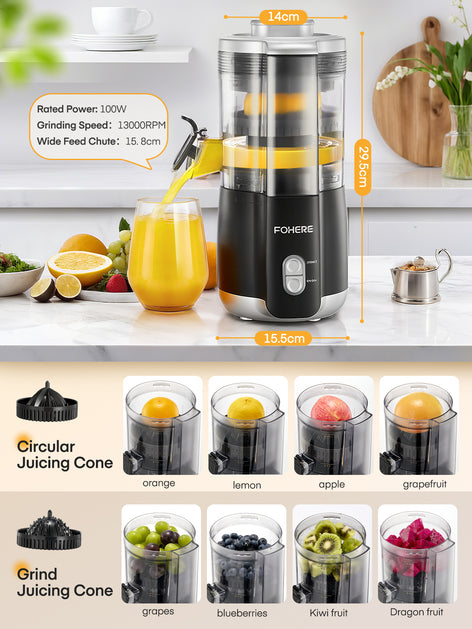 FOHERE Citrus Juicer Electric, Hand-Free Orange Juicer Machine with 2 Interchangeable Cones, Automatic Juice Squeezer for Orange, Lemon, Grape, Pomegranate, Cleaning Brush Included
