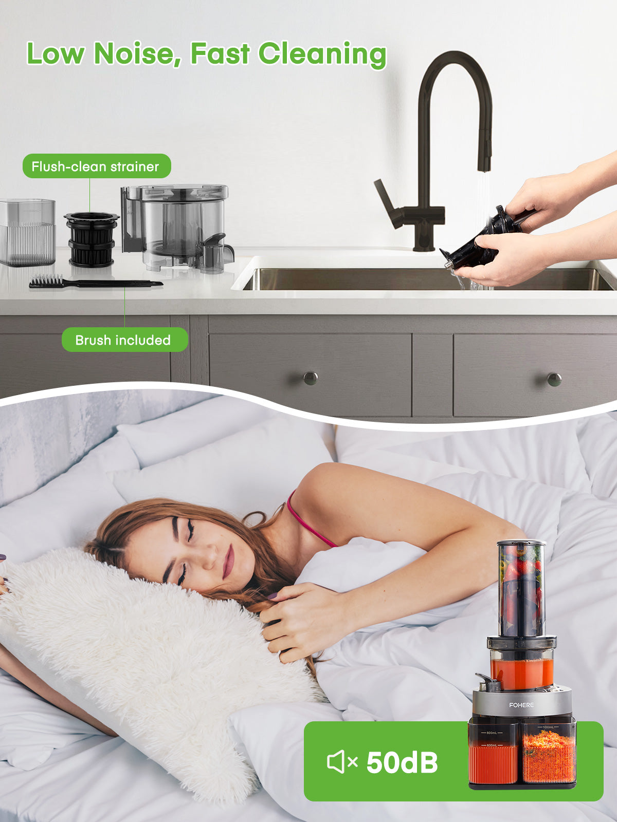 Entsafter Gemüse und Obst, FOHERE Kaltpress-Entsafter Entsafter, für ganze Früchte und Gemüse mit 12 cm breiter Öffnung, leicht zu reinigen, Slow Masticating Juicer mit leisem Motor, Rückwärtsfunktion