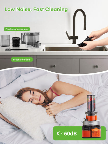 Entsafter Gemüse und Obst, FOHERE Kaltpress-Entsafter Entsafter, für ganze Früchte und Gemüse mit 12 cm breiter Öffnung, leicht zu reinigen, Slow Masticating Juicer mit leisem Motor, Rückwärtsfunktion