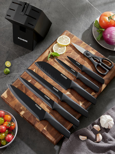 FOHERE Knife Set 8 Pieces Kitchen Knives Set with Block High Carbon Stainless Steel Self-Sharpening Knife Block Set with Built-in Sharpener, Black
