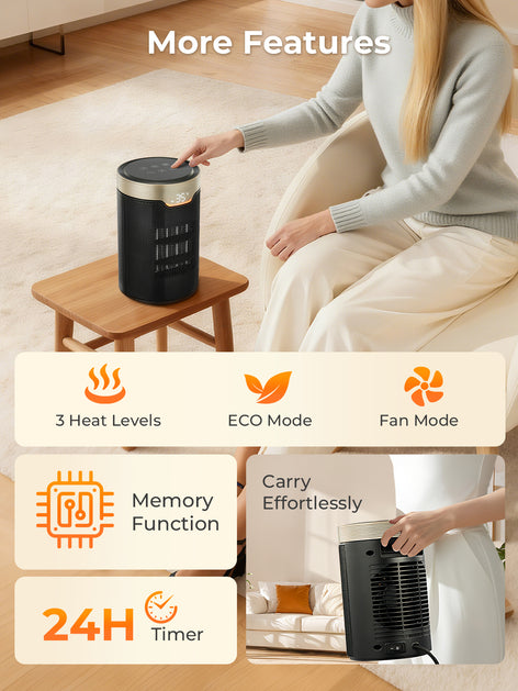 FOHERE Space Heater, ETL Certified 1500W PTC Portable Electric Heaters with Thermostat, 24H Timer, Memory Function, Touch Display, 5 Modes, Fast Heating, Quiet Safety Heat for Office Bedroom Home