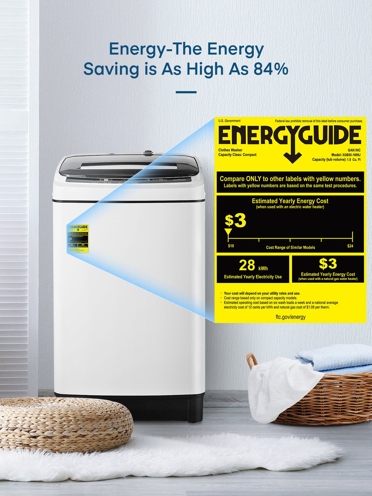Full Automatic Washing Machine, FOHERE 1.5Cu.Ft 11lbs Capacity Portable Machine, 8 Programs 10 Water Levels Energy Saving Top Load Washer for Apartment Dorm
