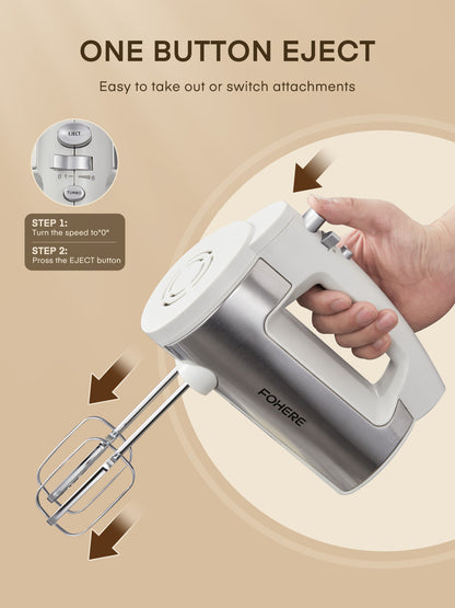 6-Gang-Handmixer mit Turbotaste, Küchenstabmixer zum Aufschlagen von Speisen, Eierschläger inkl. 3 Aufsätzen, Weiß
