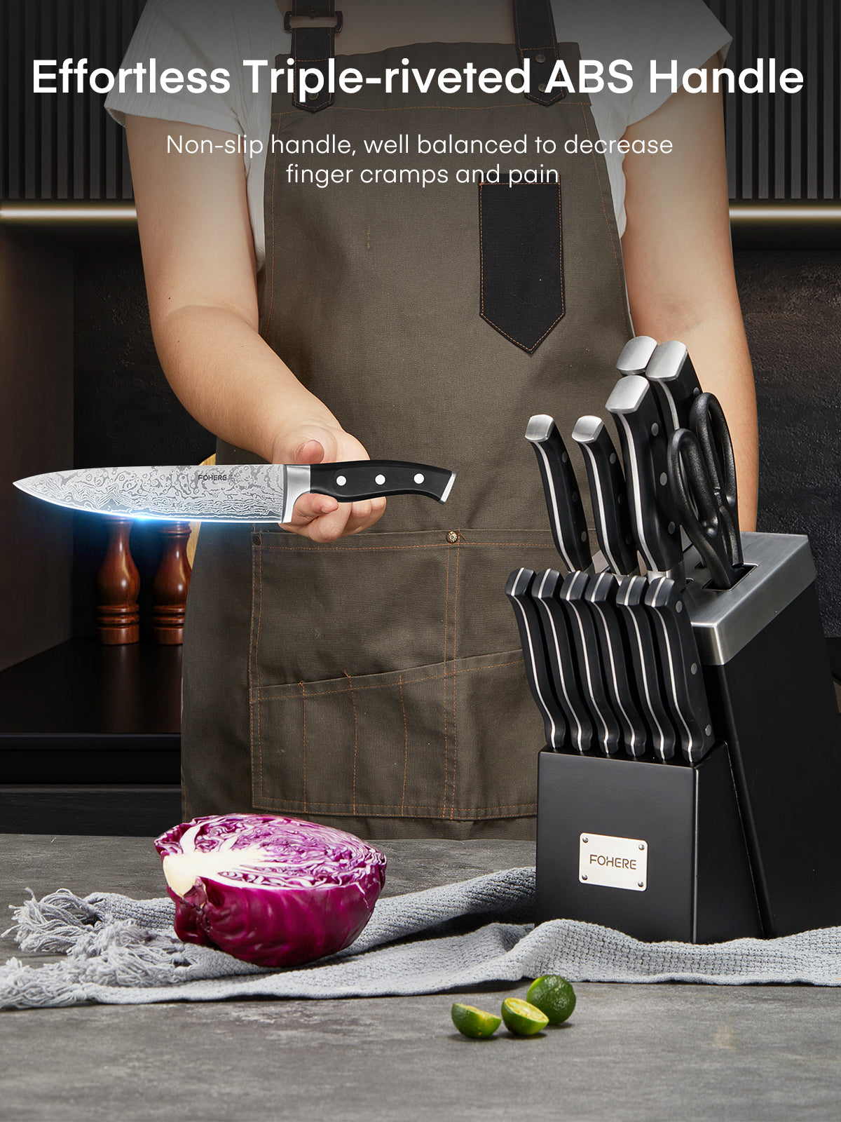 Knife Block Set, FOHERE 14 Pieces Self Sharpening Knife Block Set, Stainless Steel Waved Pattern Knife Set with Block, Rust & Stain Resistant Kitchen Knives and Triple Riveted Handle, Black