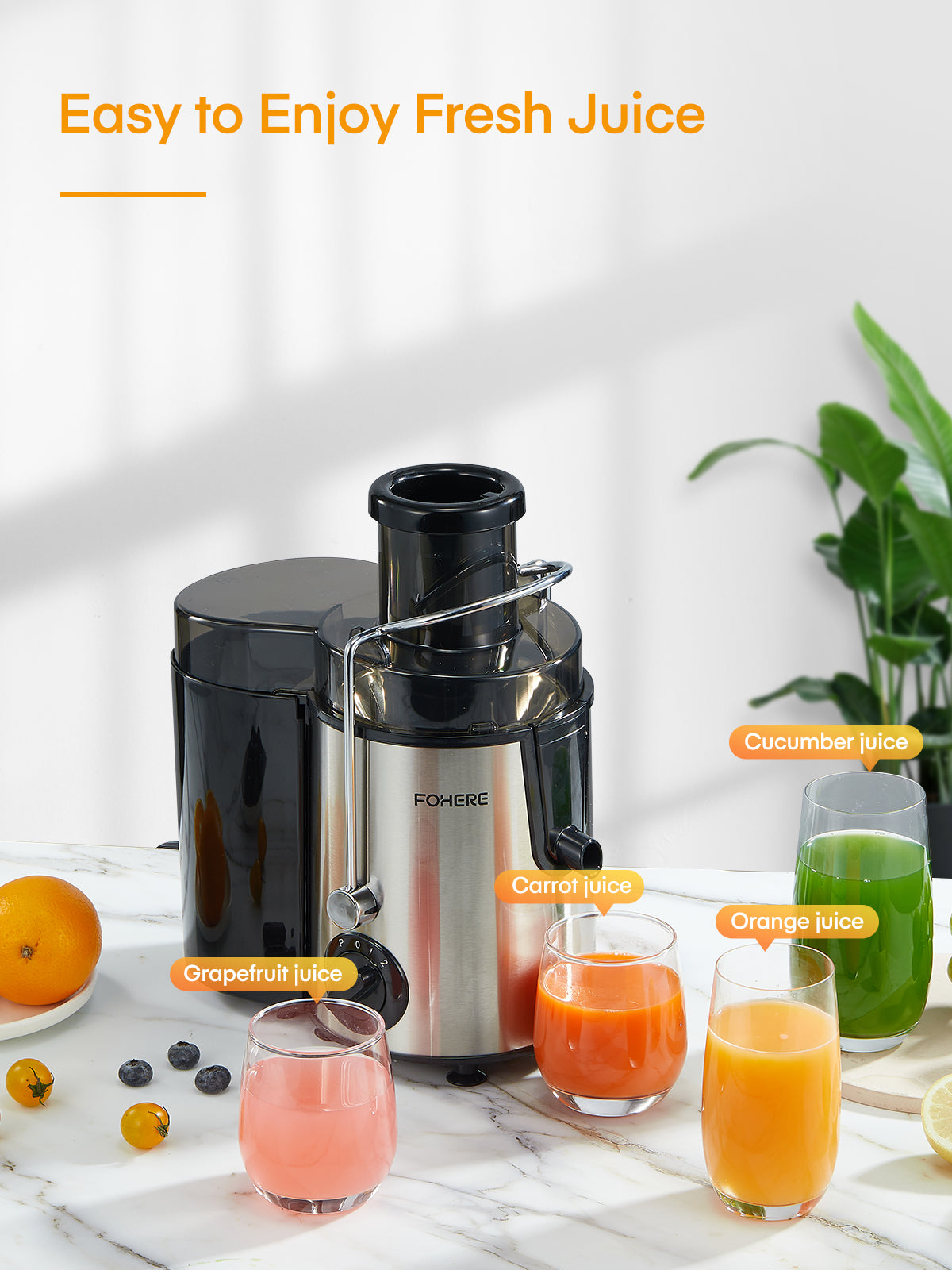 Juicer Machines, FOHERE Centrifugal Juicer with Wide Mouth 3” Feed Chute 600W, for Vegetable and Fruit with 3-Speed Setting, BPA Free, Easy to Clean, Juice Recipe Included