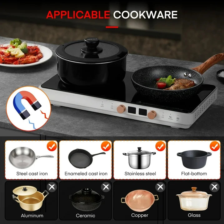 Induction Cooktop 2 Burners 1800W with Removable Cast Iron Griddle Pan Non-Stick, 8 Power Levels Control