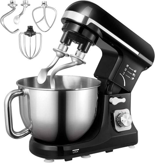 5.5QT Stand Mixer Electric with Double Dough Hook, Wire Whip & Beater, 6+ P Speed Tilt-Head Food Mixer, Pouring Shield for Home Cooking, Dishwasher Safe Stainless Steel Bowl with Handle, Black