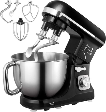 5,5QT Küchenmaschine elektrisch mit Doppelknethaken, Schneebesen & Rührbesen, 6+ P Geschwindigkeits-Kippkopf-Mixer, Spritzschutz für Hausmannskost, Spülmaschinenfeste Edelstahl-Schüssel mit Griff, Schwarz