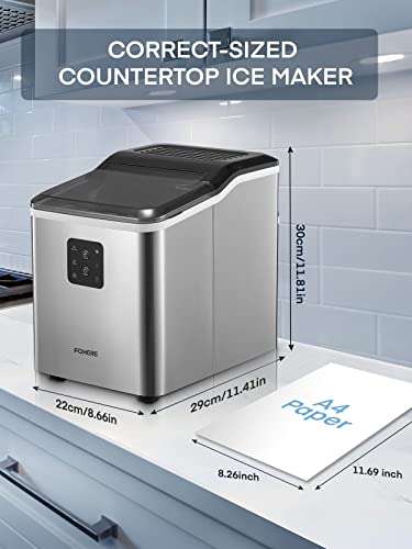 Eiswürfelbereiter Arbeitsplatte Edelstahl, 28lbs in 24 Stunden, 9 Würfel in 6 Minuten, Selbstreinigende Tragbare Eismaschine, 2 Größen Bullet-Eis für Zuhause Büro Bar Party, LED-Anzeige, FOHERE
